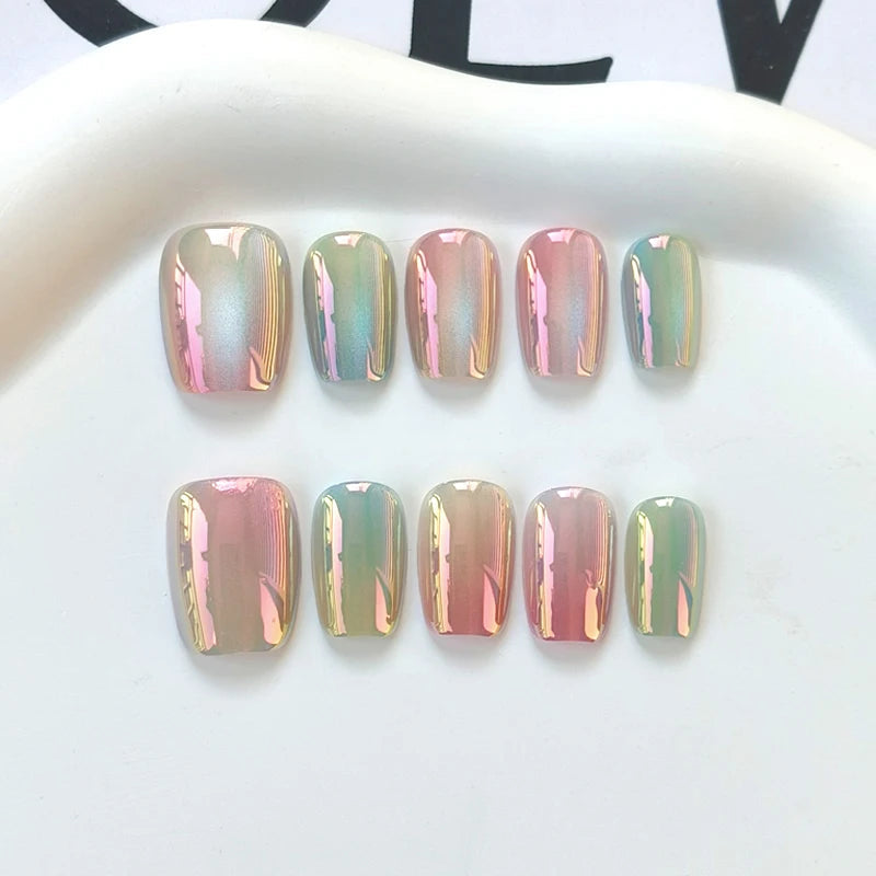 Shifting Pastel Cat Eye Chrome Press On Nail Set