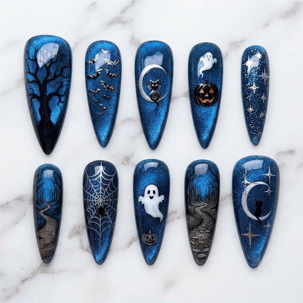 Shimmering Blue Halloween Nails With Ghosts, Cats, Moons and Spiderwebs