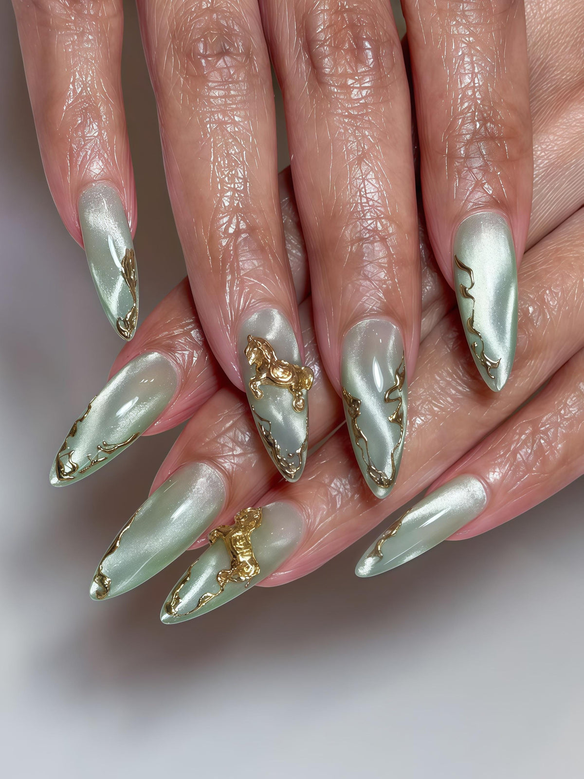 Shimmery Mint Green Nails with Gold Foil and 3D Angel Charms