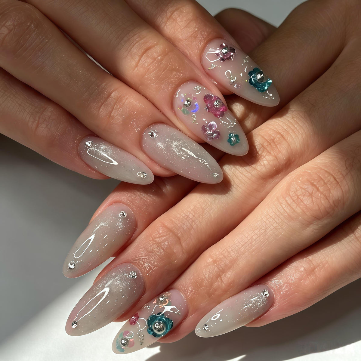 Shimmery Taupe Gray Nails with Teal and Pink Gem Floral Accents