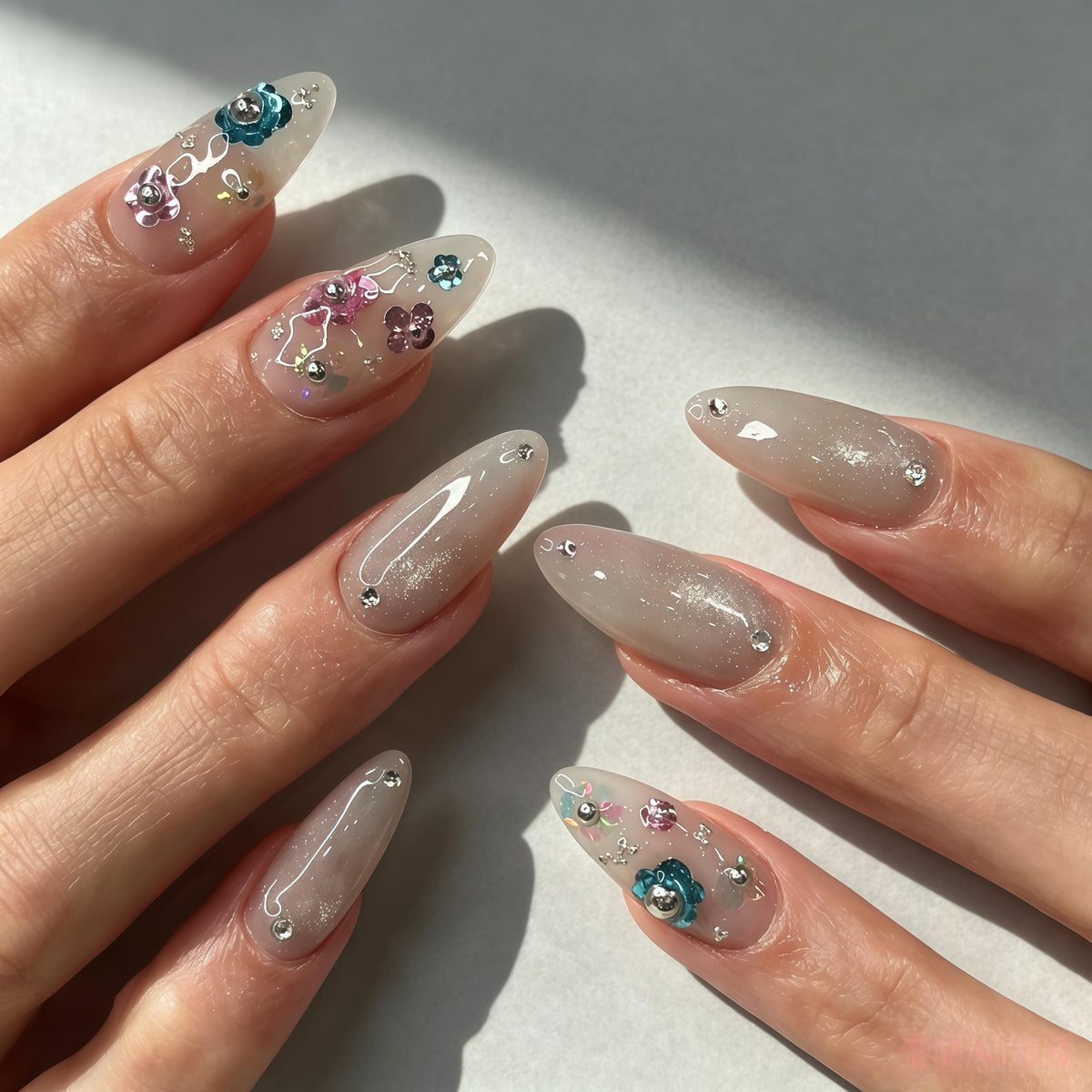 Shimmery Taupe Gray Nails with Teal and Pink Gem Floral Accents