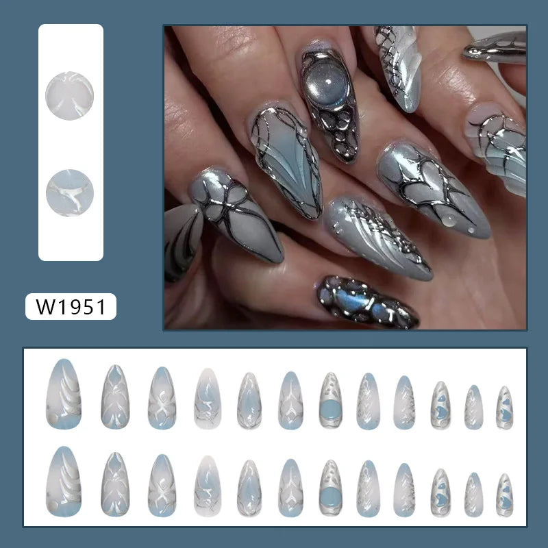 Silver and Blue-Gray Chrome Butterfly Wing Nail Set with Raised Metallic Details