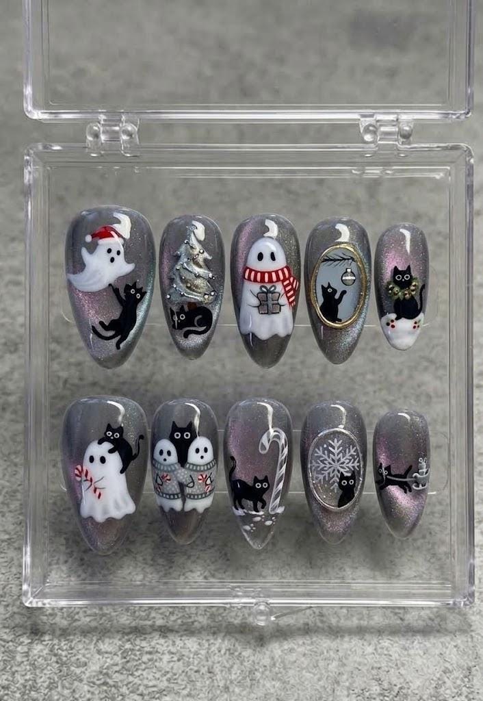 Silver Cat Eye Christmas Press On Nails with Ghosts, Black Cats and Winter Details