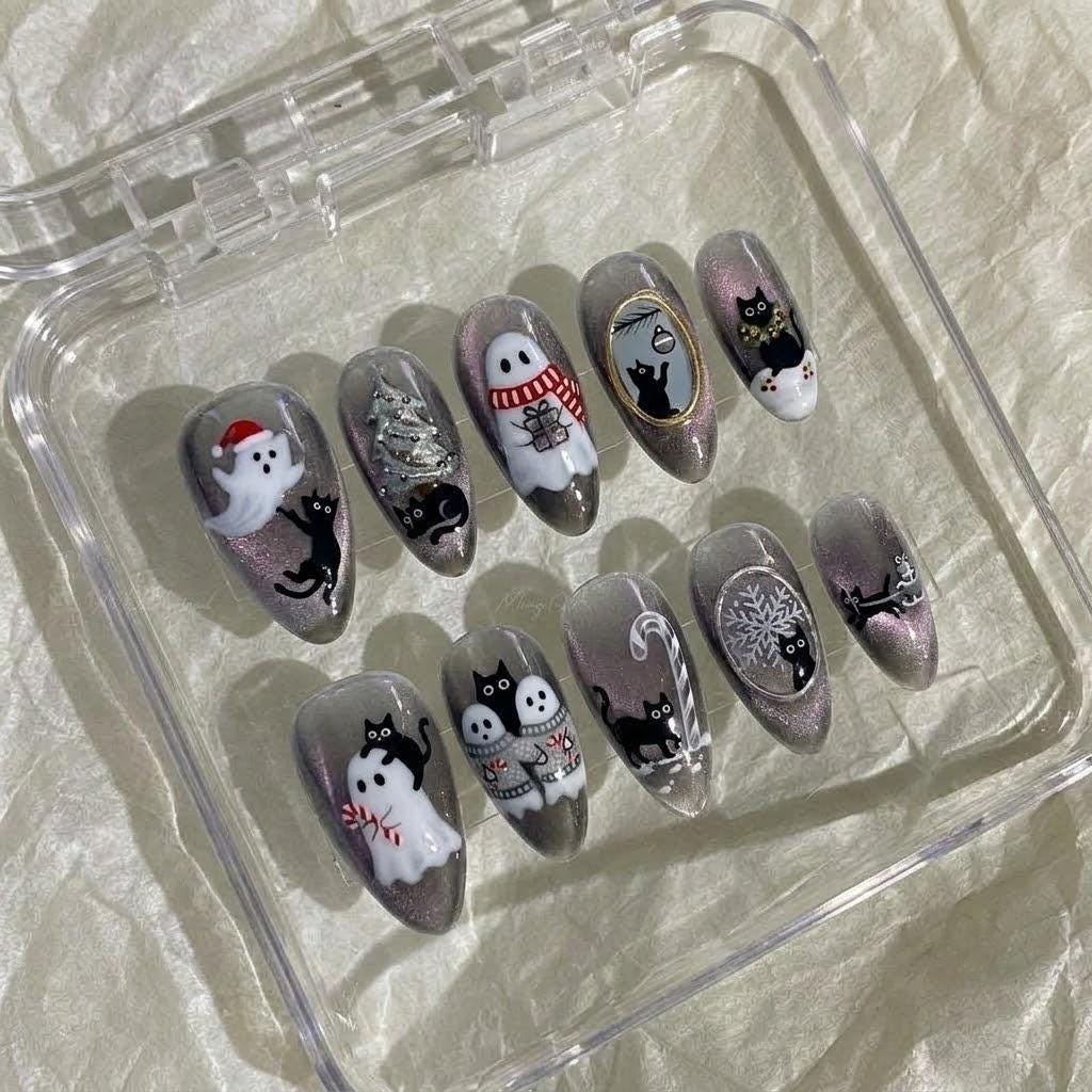 Silver Cat Eye Christmas Press On Nails with Ghosts, Black Cats and Winter Details