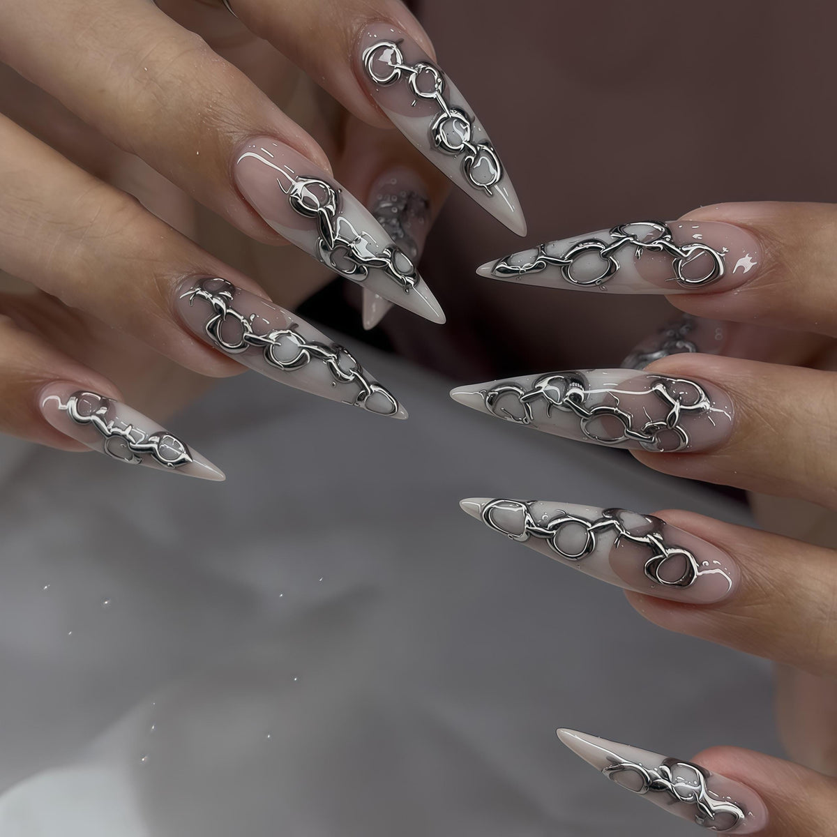 Silver Chain Link Press On Nails With Nude Pink Bases And White Stars