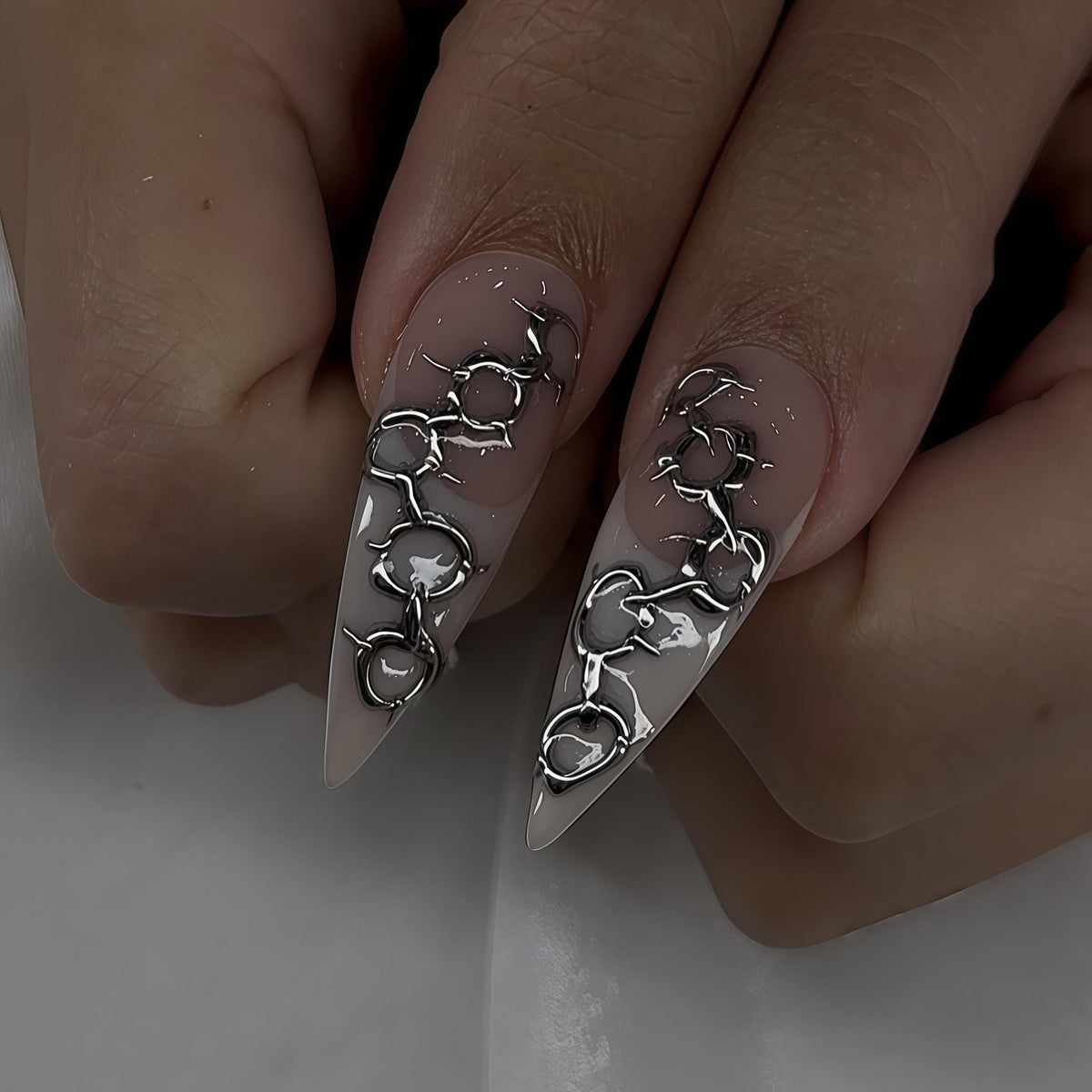 Silver Chain Link Press On Nails With Nude Pink Bases And White Stars