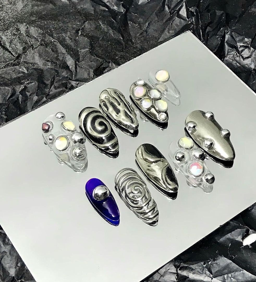 Silver Chrome and Black Swirl Gothic Y2K Press On Nails with Raised Beads and Iridescent Accents