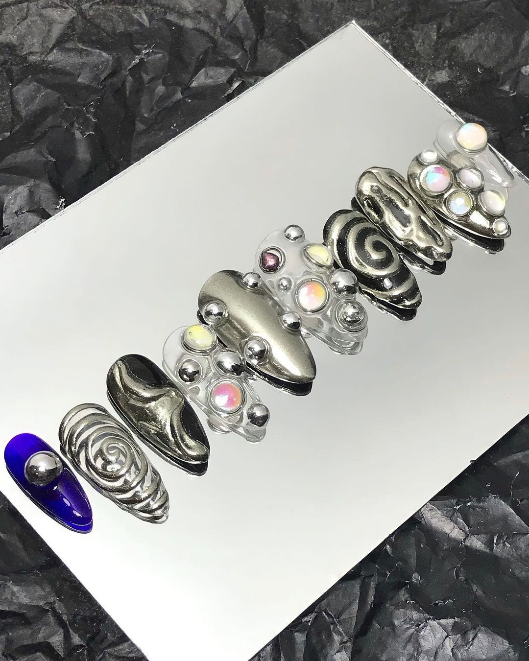 Silver Chrome and Black Swirl Gothic Y2K Press On Nails with Raised Beads and Iridescent Accents