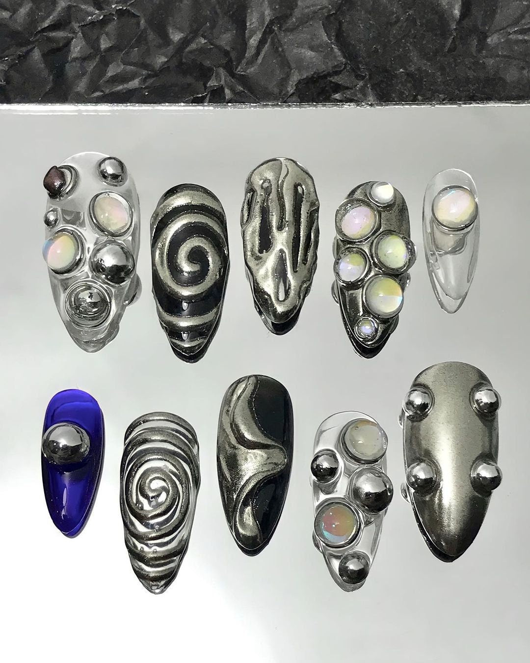 Silver Chrome and Black Swirl Gothic Y2K Press On Nails with Raised Beads and Iridescent Accents