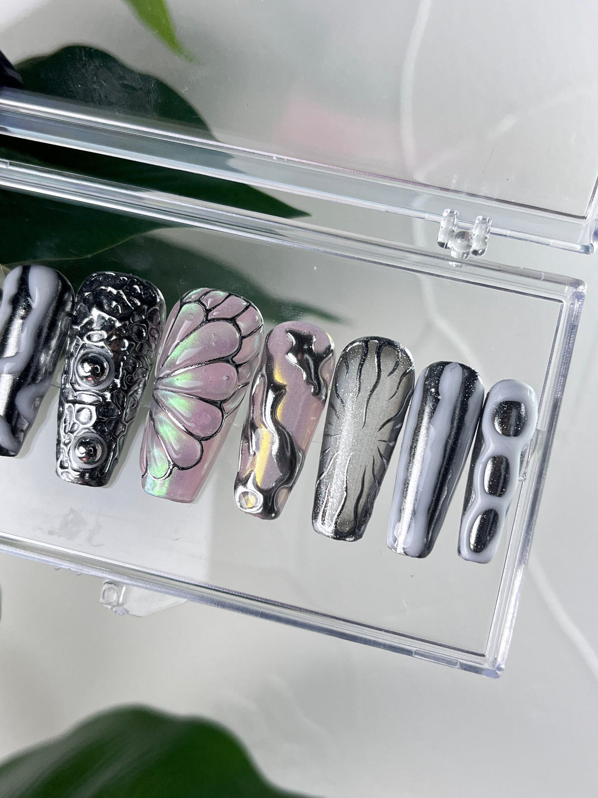 Silver Chrome Butterfly Wing Press-On Nail Set With Sculpted Metallic Details