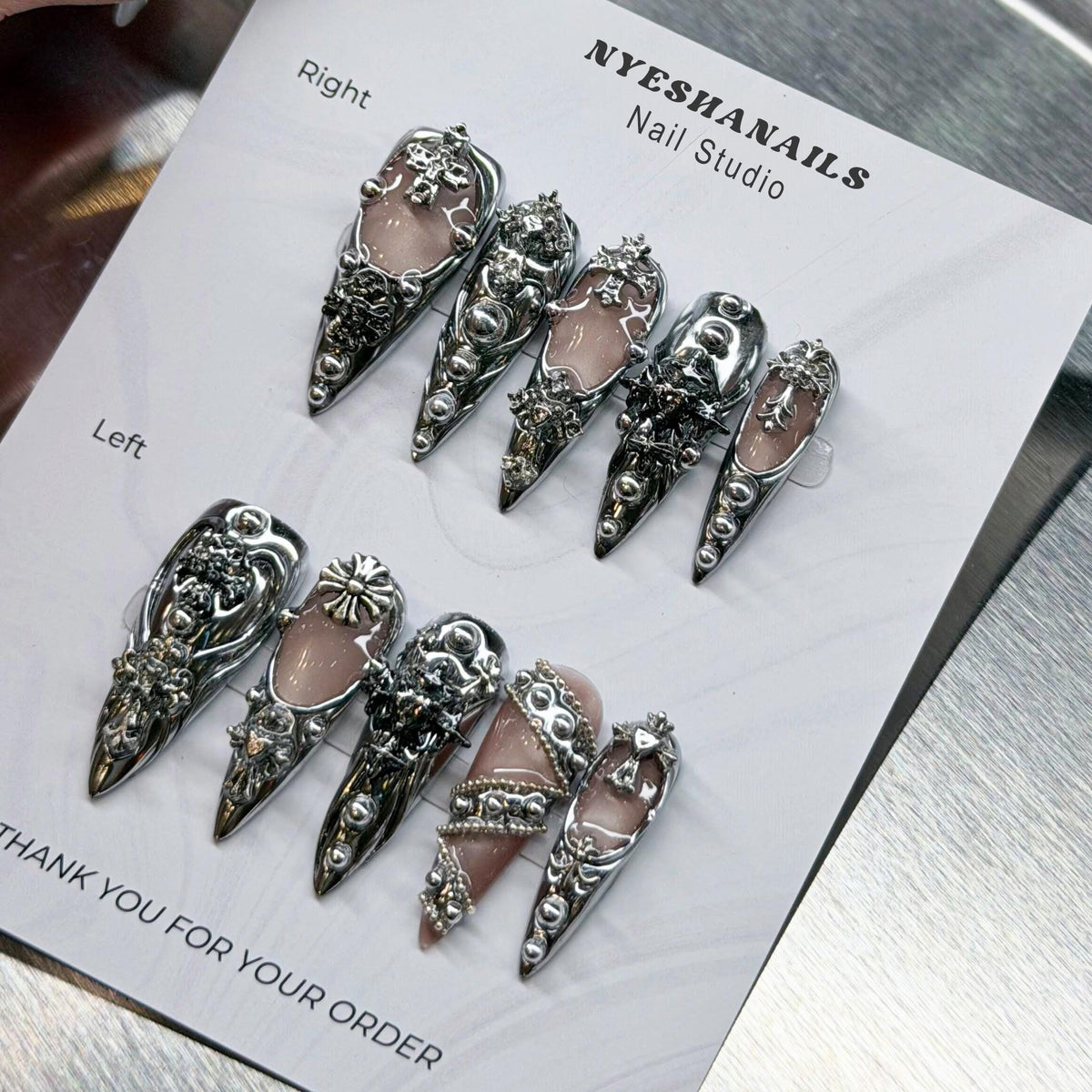 Silver Chrome Gothic Baroque Press On Nails with 3D Crosses and Sculpted Filigree