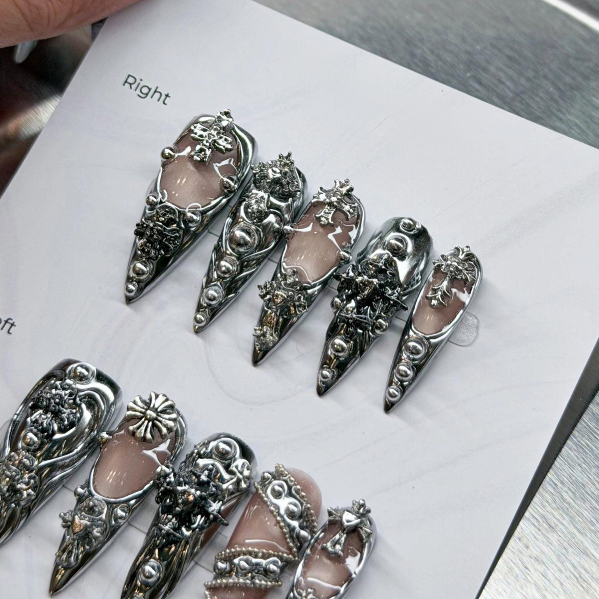 Silver Chrome Gothic Baroque Press On Nails with 3D Crosses and Sculpted Filigree