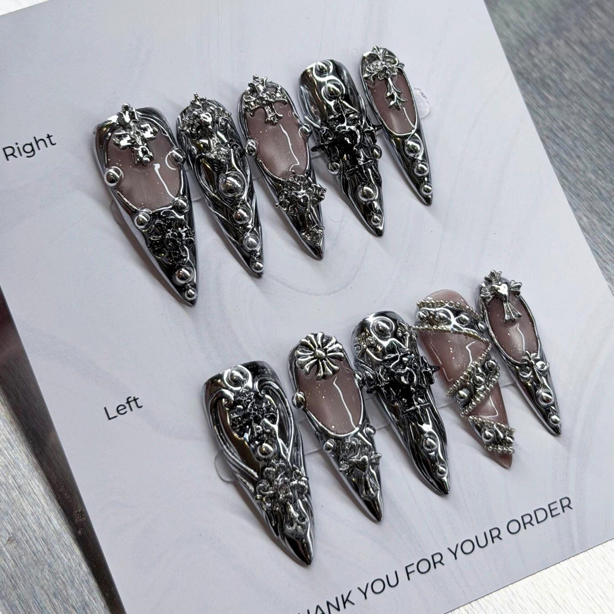 Silver Chrome Gothic Baroque Press On Nails with 3D Crosses and Sculpted Filigree