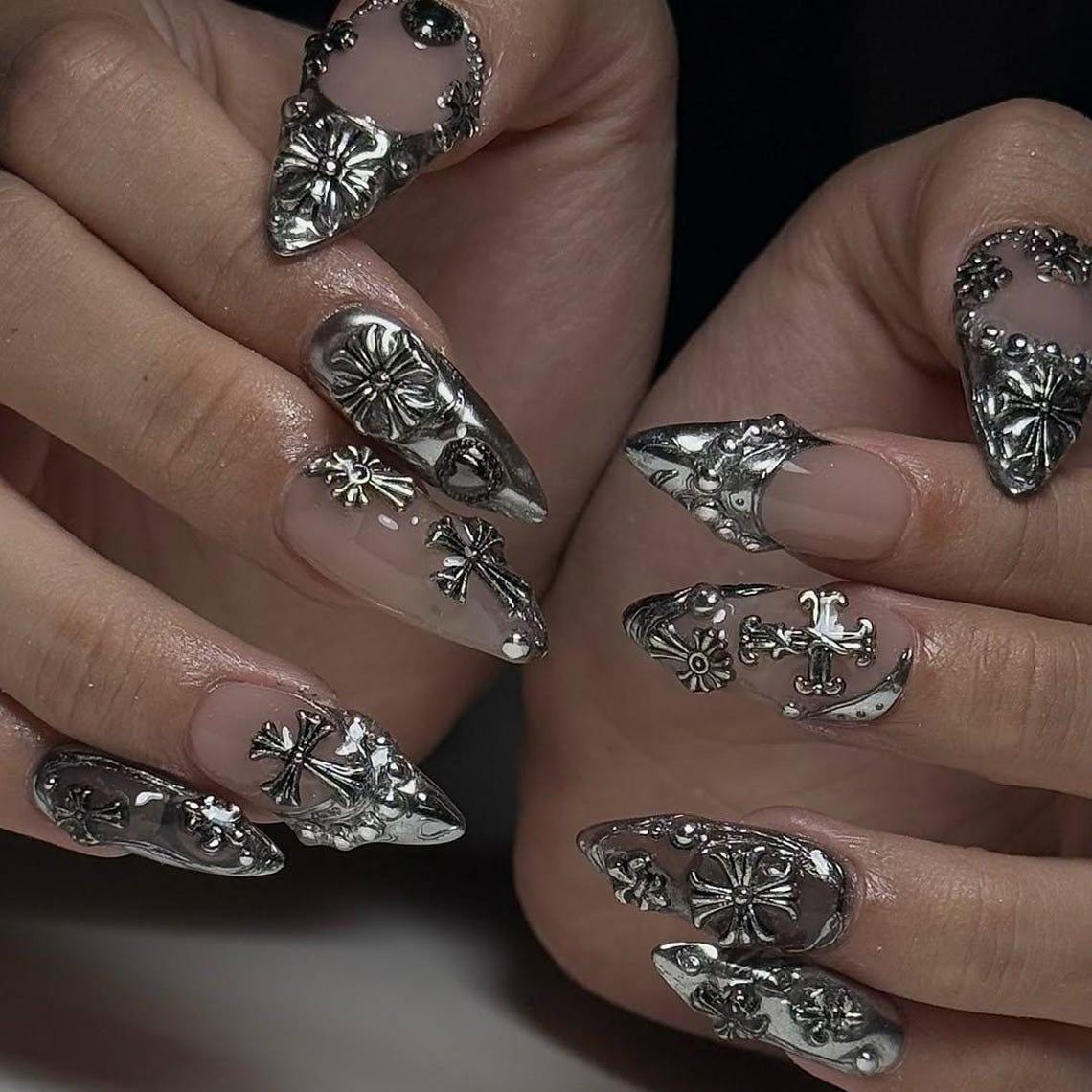 Silver Chrome Gothic Nails With 3D Crosses, Floral Motifs, and Scrollwork
