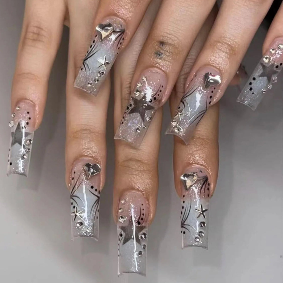 Silver Chrome Star and Rhinestone Abstract French Tip Nail Set