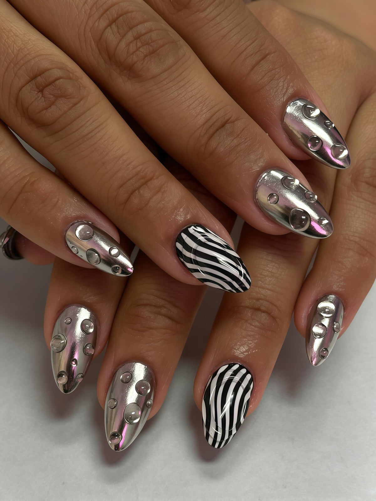 Silver Chrome Zebra Stripe Press-On Nails with Raised Metallic Studs