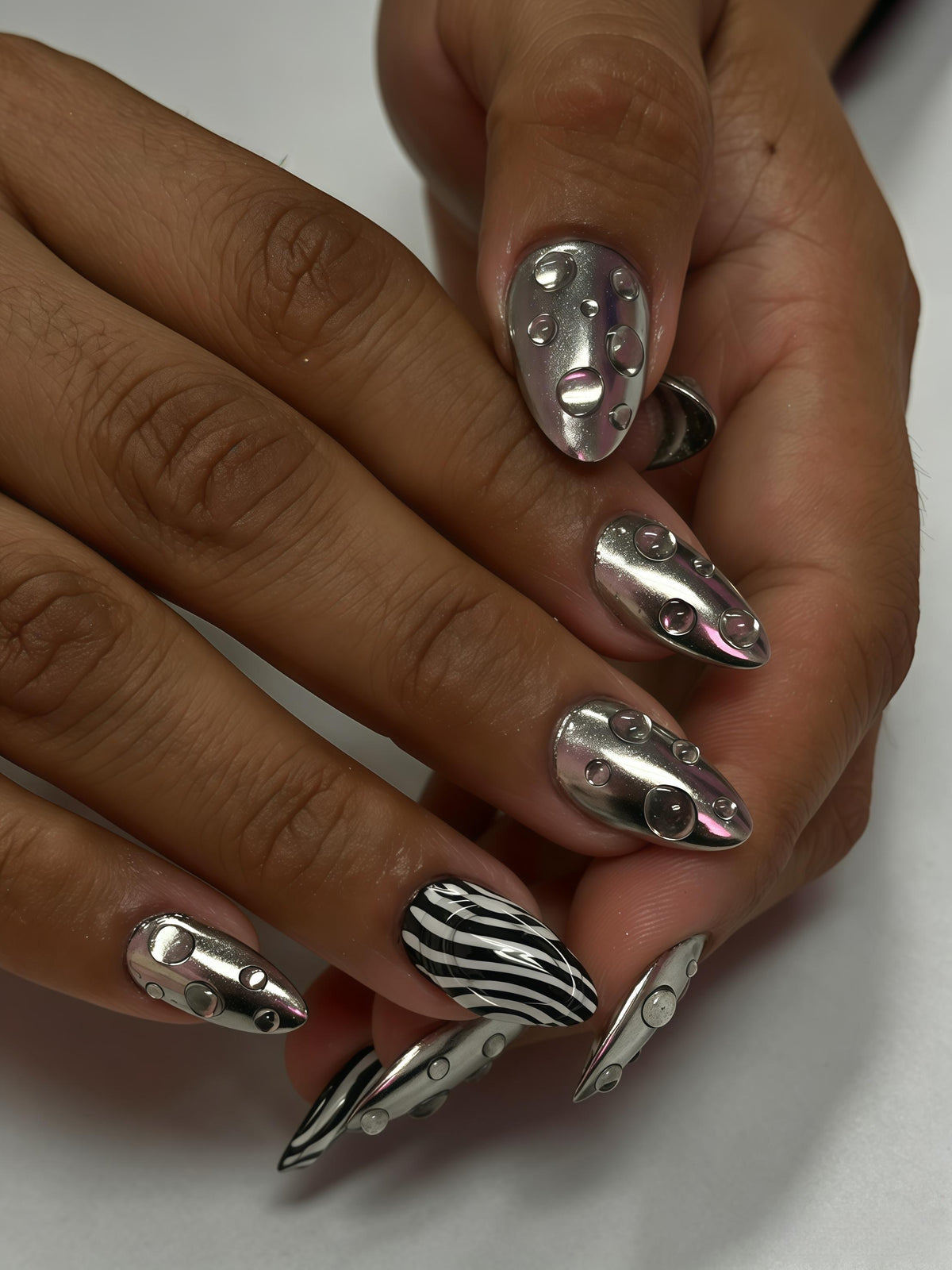 Silver Chrome Zebra Stripe Press-On Nails with Raised Metallic Studs