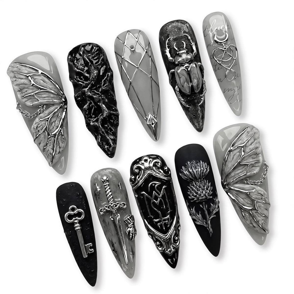 Silver Gothic Beetle, Sword, Key and Shield Nail Set