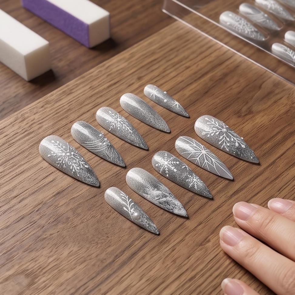 Silver Gray Cat Eye Snowflake and Icy Pattern Nail Set