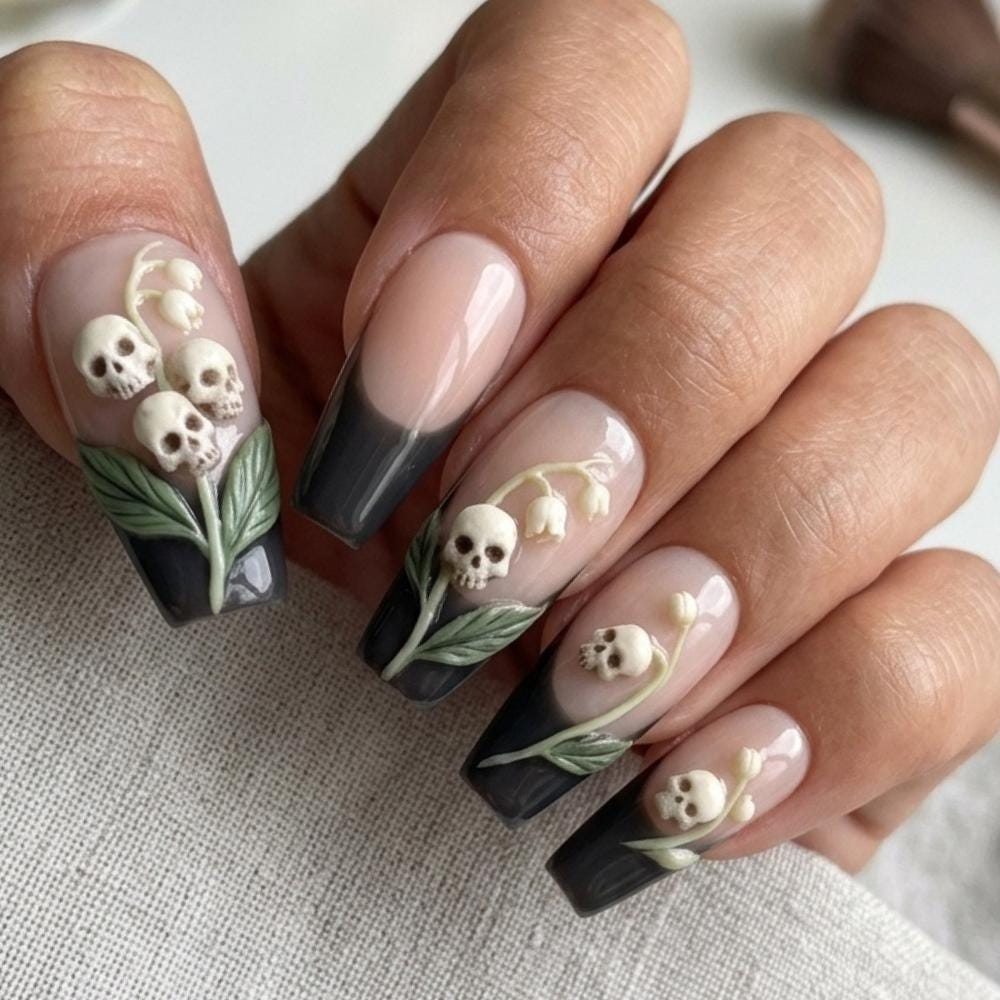 Skull and Lily of the Valley French Tip Press On Nails