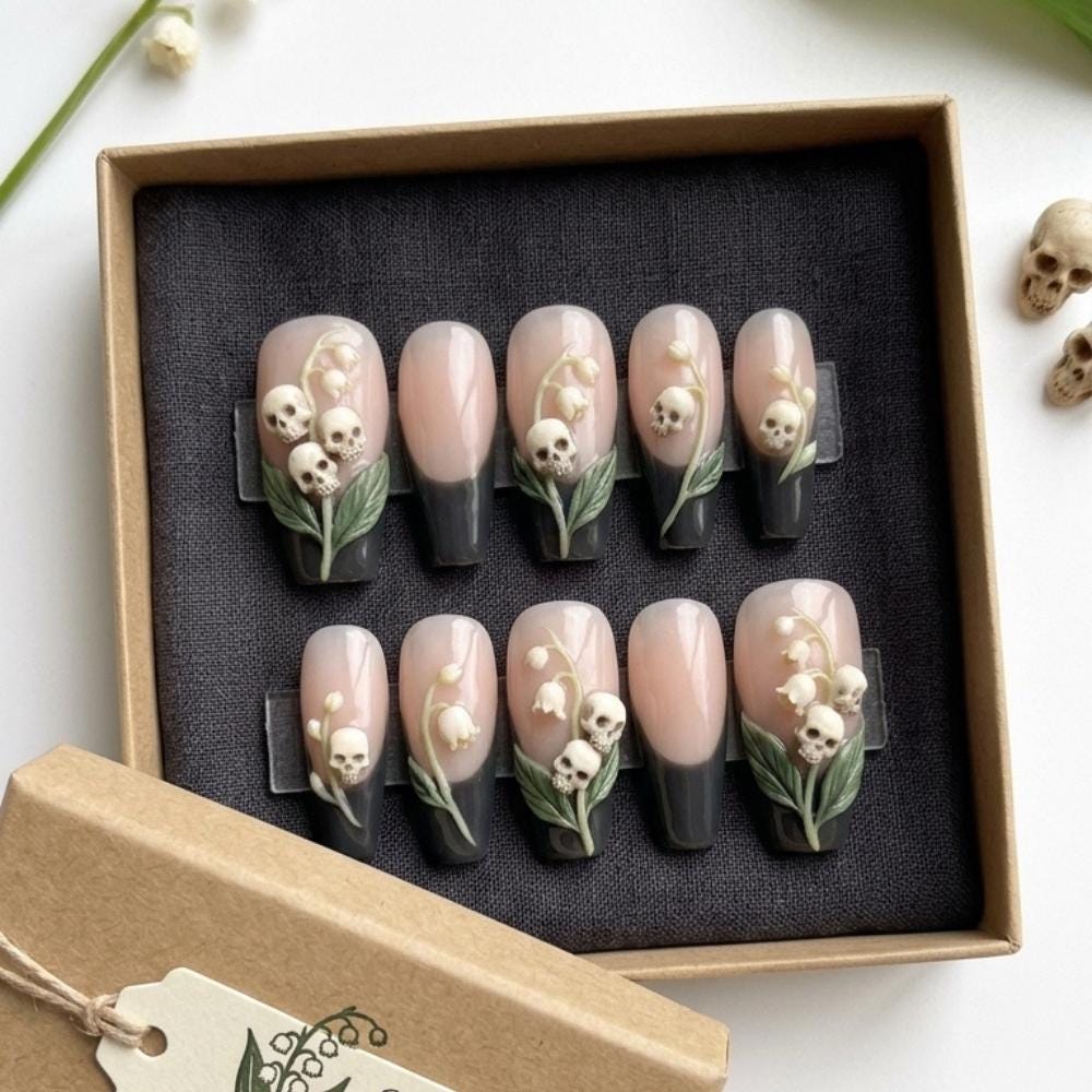 Skull and Lily of the Valley French Tip Press On Nails