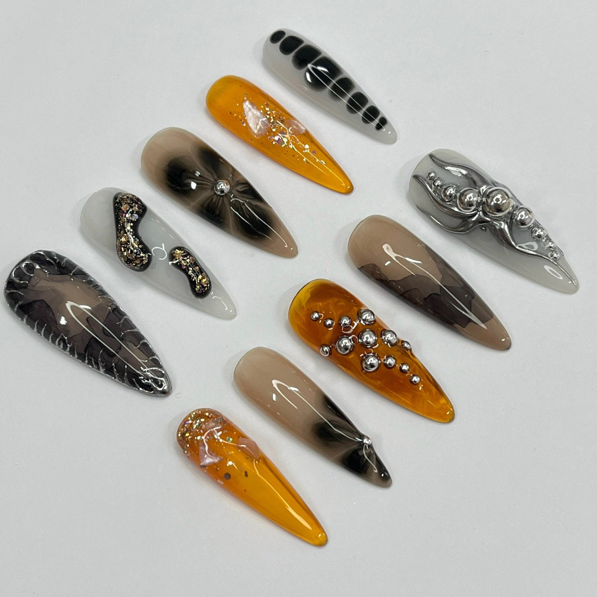 Smoky Amber and Silver Press On Nail Set with Rhinestones and Foil