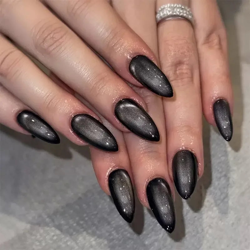Smoky Black Cat Eye Chrome Press On Nails