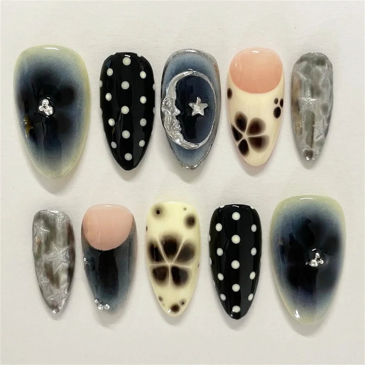 Smoky Blue-Black and Polka Dot Nail Set with Silver Marbling, Star Charm and Floral Motifs