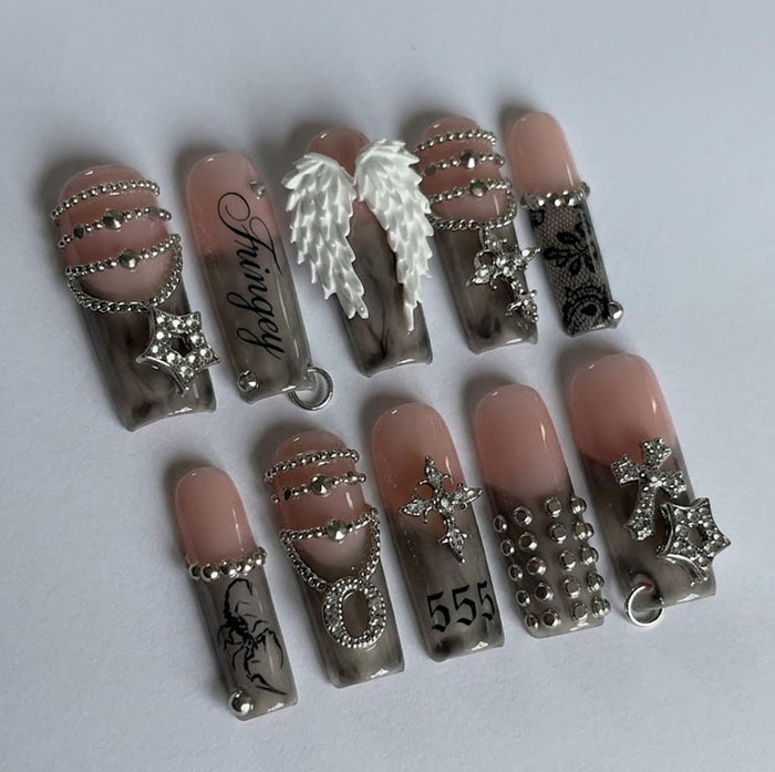Smoky Gray 555 Dark Angel Press On Nails With 3D Wings, Silver Chains and Cross Charms