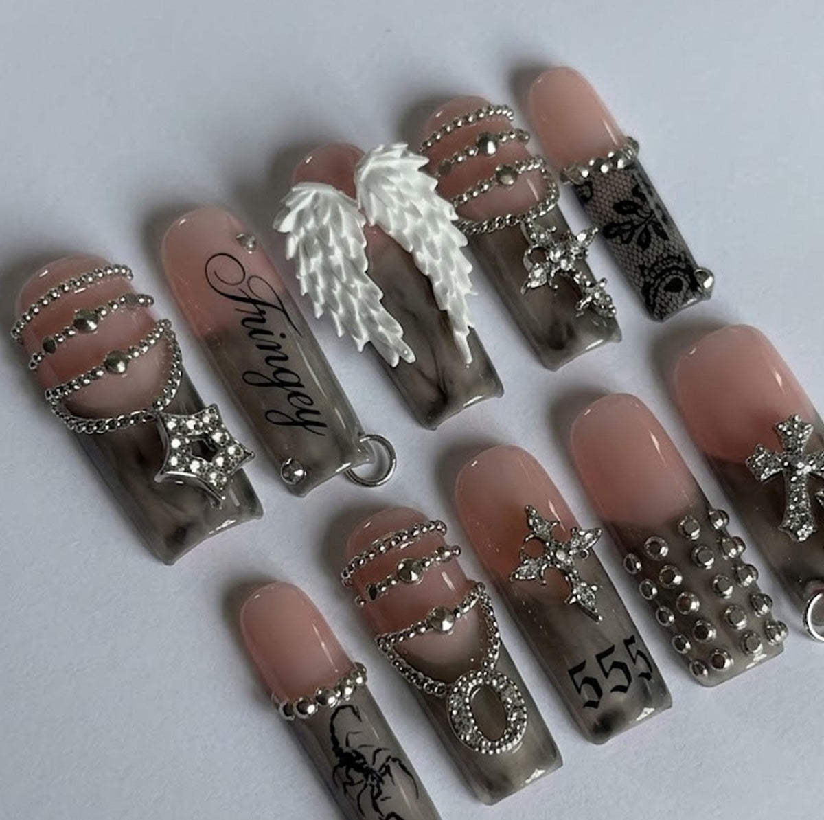 Smoky Gray 555 Dark Angel Nails With 3D Wings, Silver Chains and Cross Charms