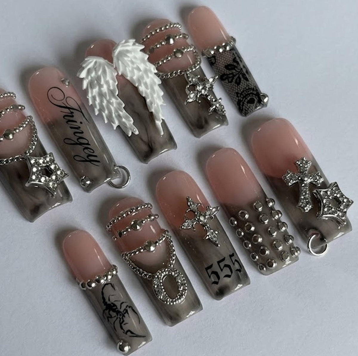 Smoky Gray 555 Dark Angel Nails With 3D Wings, Silver Chains and Cross Charms