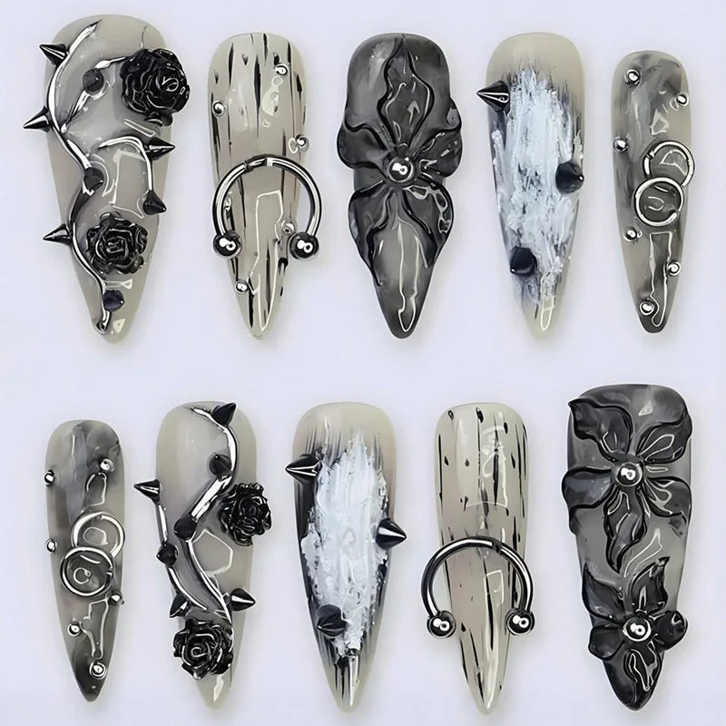 Smoky Gray and Black Chrome Nails with 3D Roses and Sculpted Details