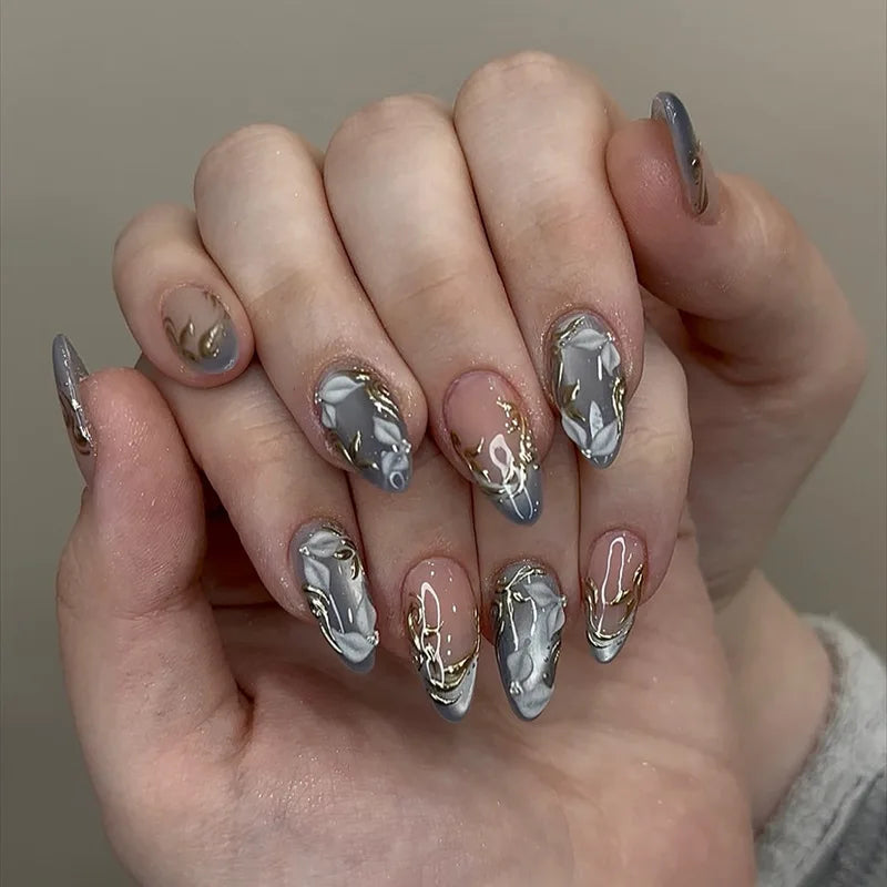 Smoky Gray and Silver Chrome Floral Nail Set with Gold-Toned Lines