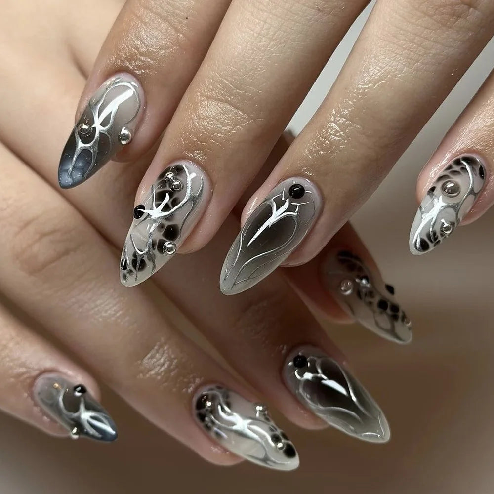 Smoky Gray and Silver Swirl Nails with Dark 3D Gems