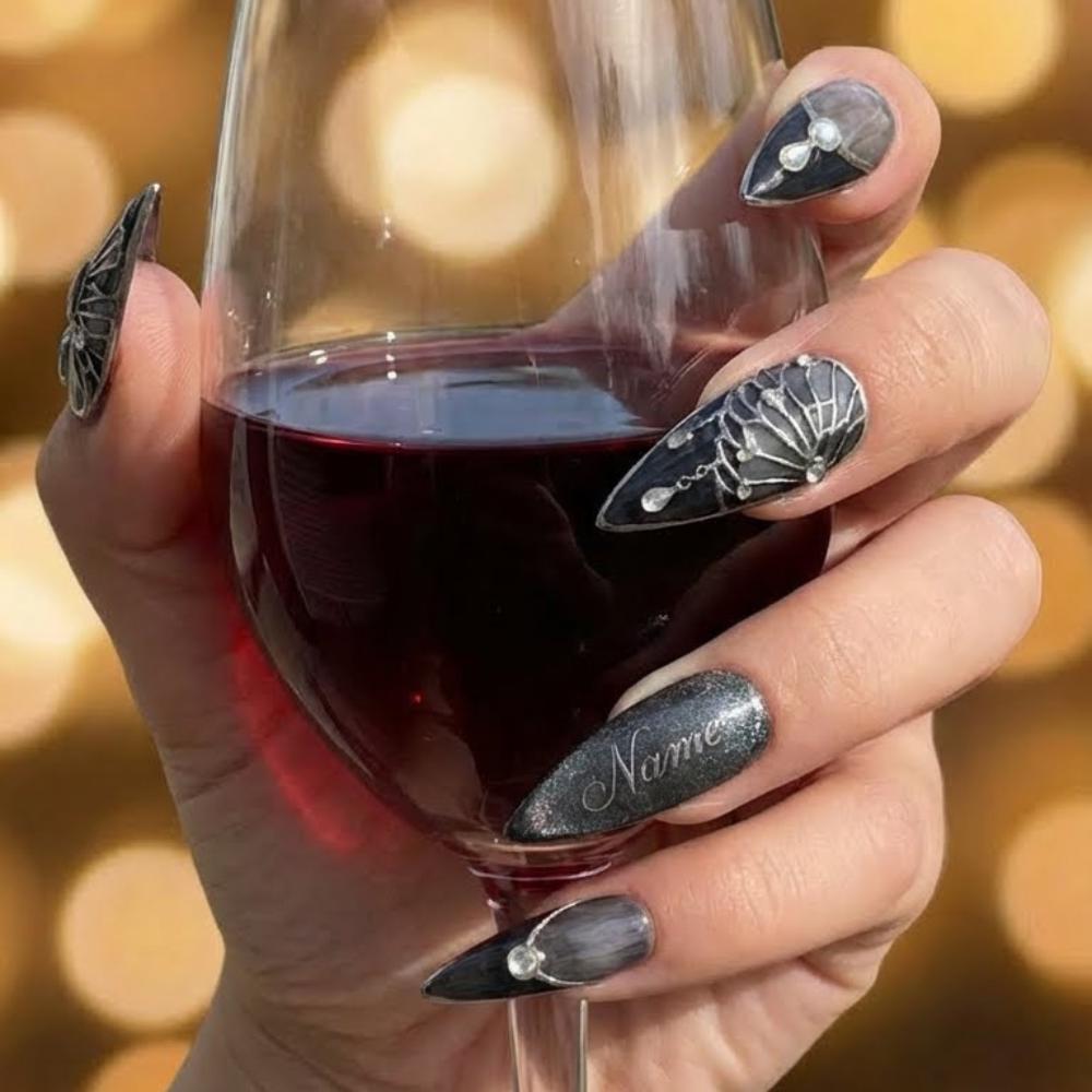 Smoky Grey Raven and Crescent Moon Gothic Nail Set