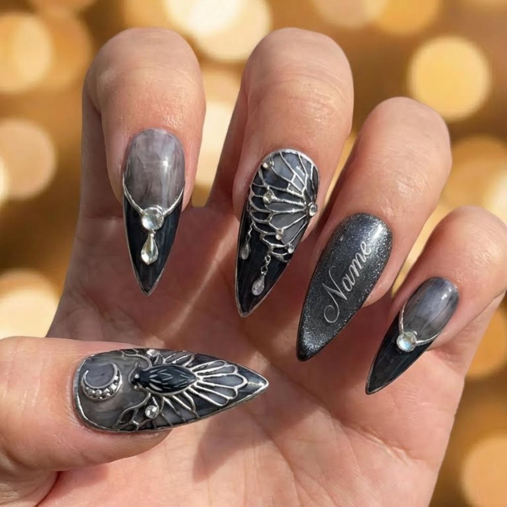 Smoky Grey Raven and Crescent Moon Gothic Nail Set
