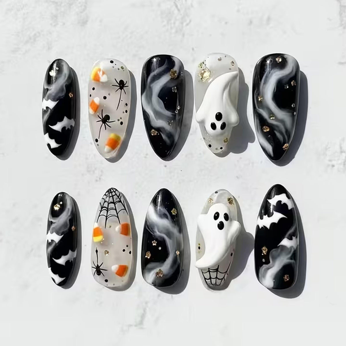 Smoky Marble Halloween Nail Set With Ghosts, Bats, Spiders, and Webs