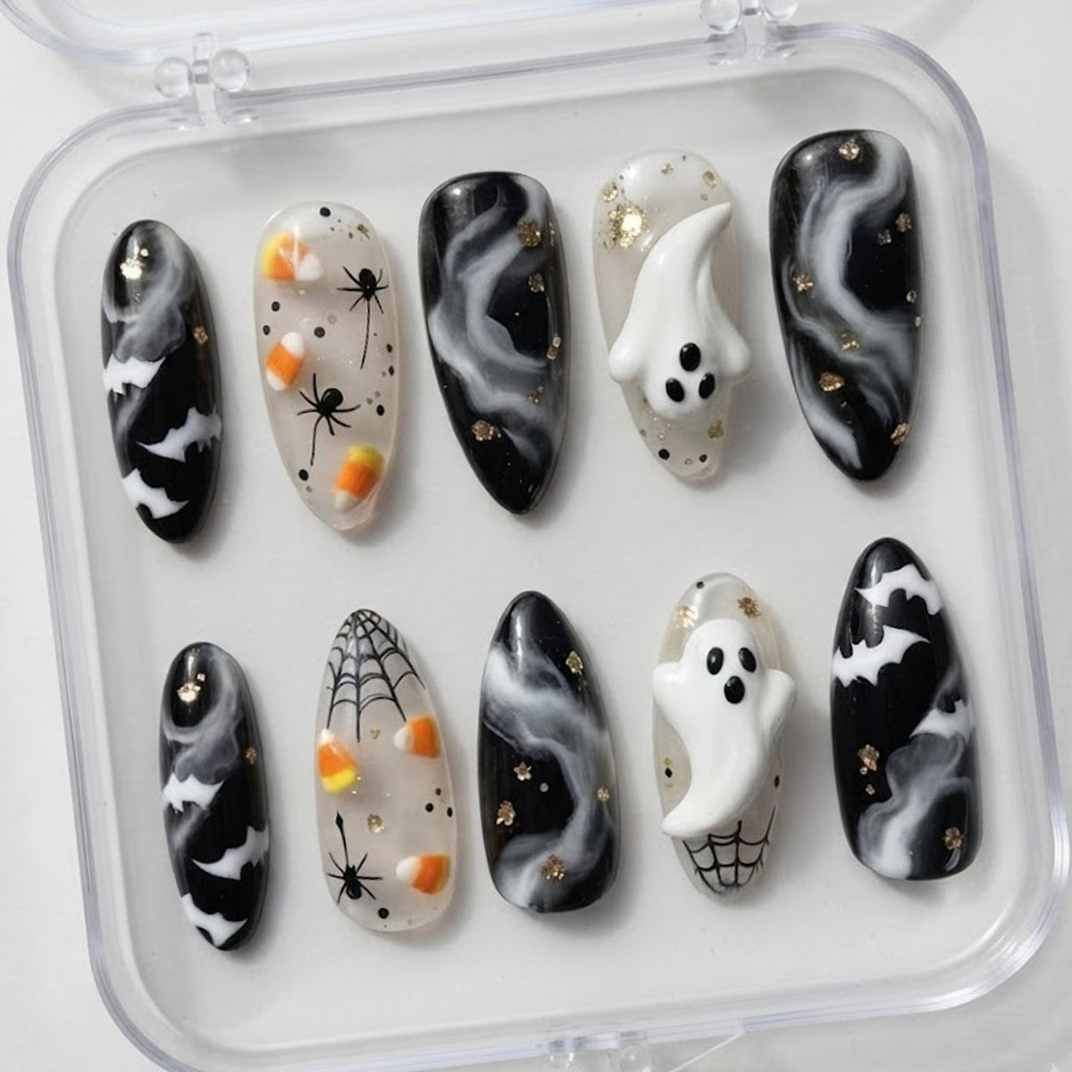 Smoky Marble Halloween Nail Set With Ghosts, Bats, Spiders, and Webs