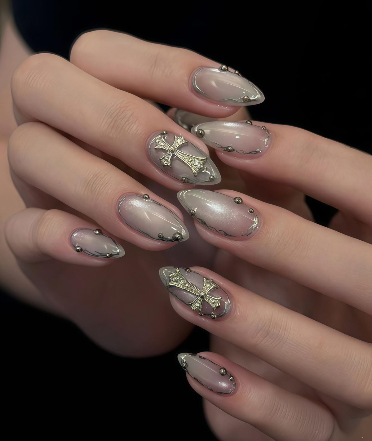 Smoky Taupe Gray Nails With Silver Cross Accents and Pearl-Like Details