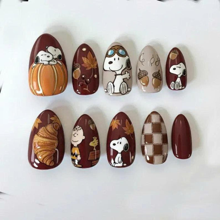 Snoopy and Charlie Brown Thanksgiving Press On Nails With Autumn Leaves and Plaid