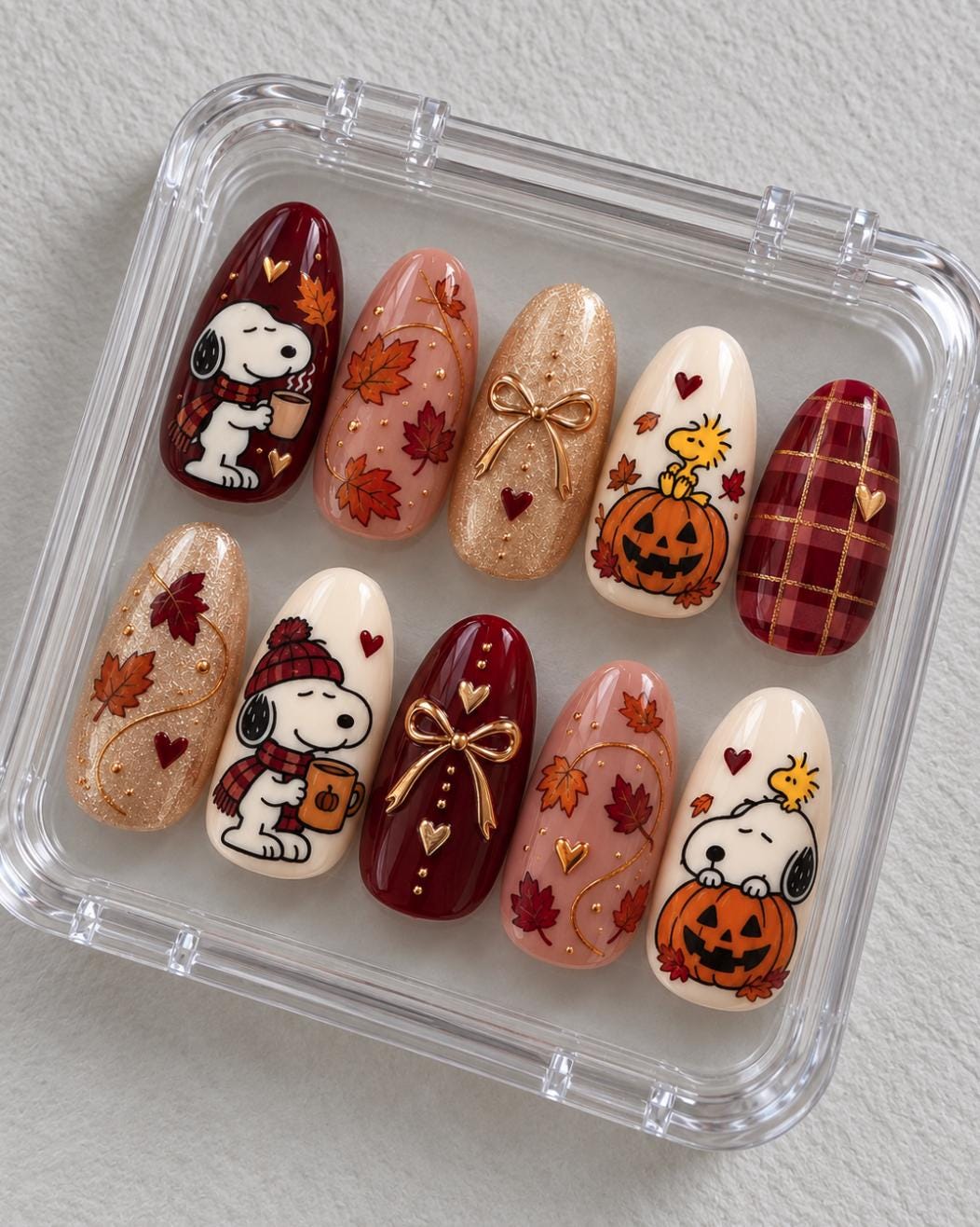 Snoopy and Woodstock Autumn Nails with Pumpkins, Maple Leaves, Plaid, and Gold Bows