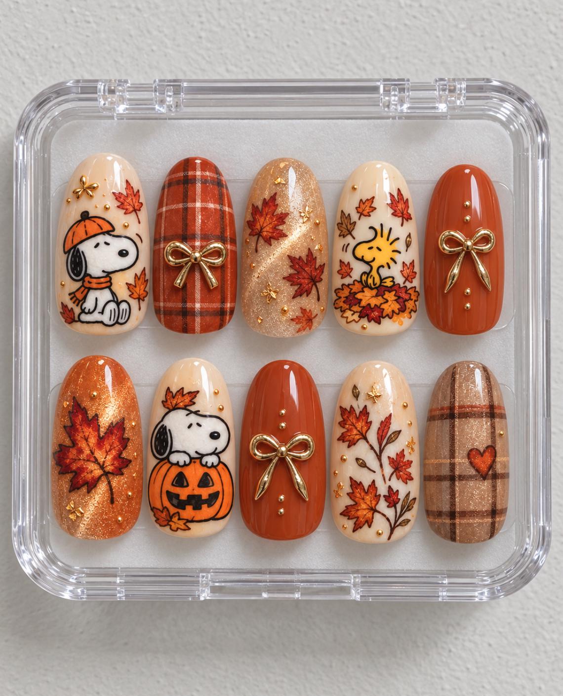 Snoopy and Woodstock Autumn Nails with Pumpkins, Plaid, Leaves, and Gold Bows