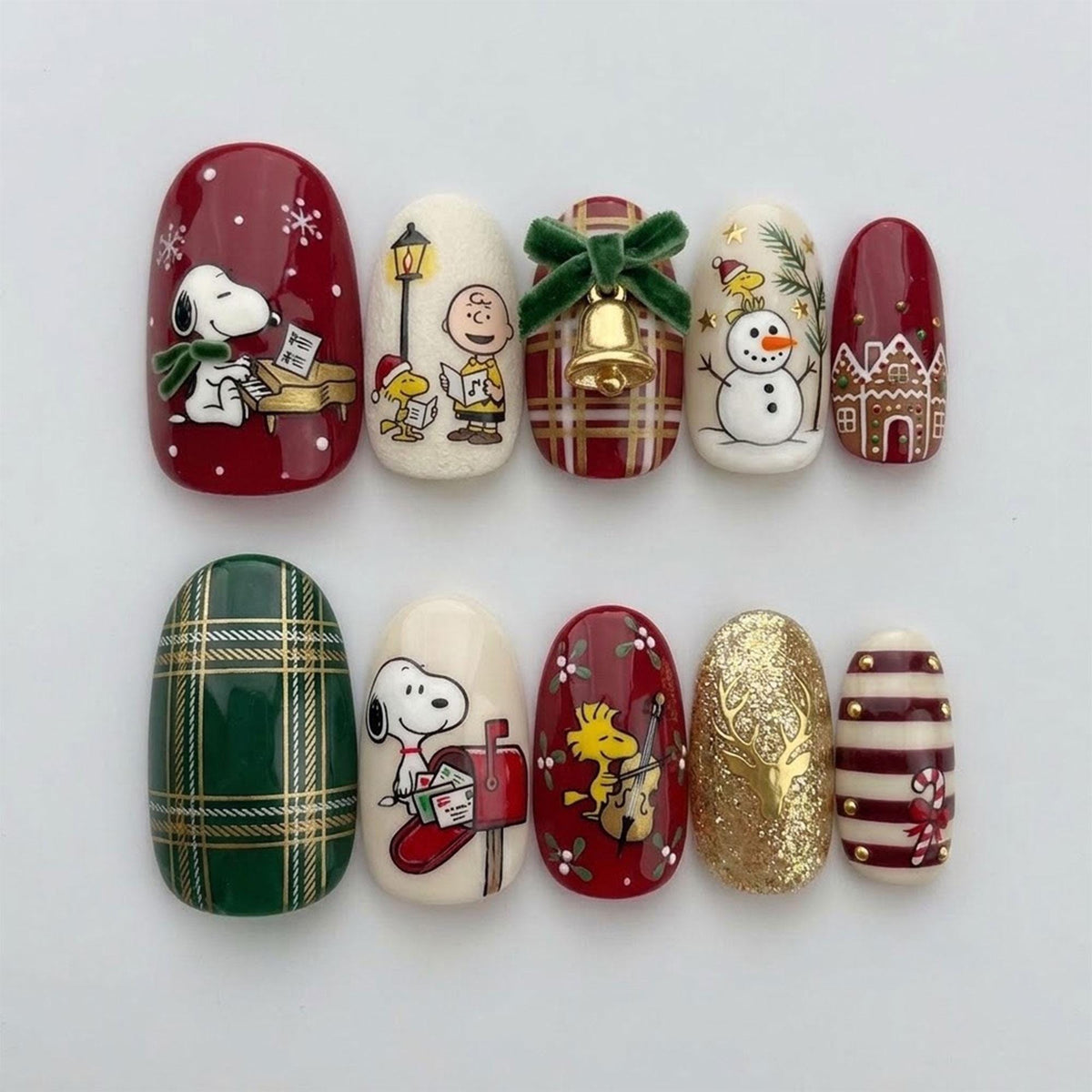 Snoopy Christmas Nails With Plaid, Velvet Bow, and Gold Bell Charm