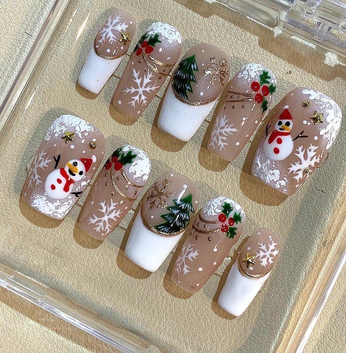 Snowman Christmas Press On Nails with Snowflakes, Holly and Gold Accents