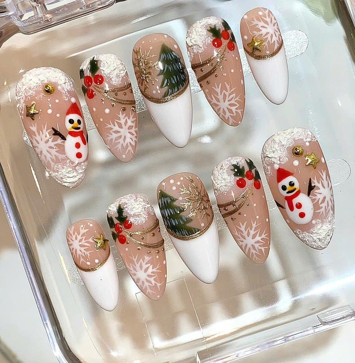 Snowman Christmas Press On Nails with Snowflakes, Holly and Gold Accents