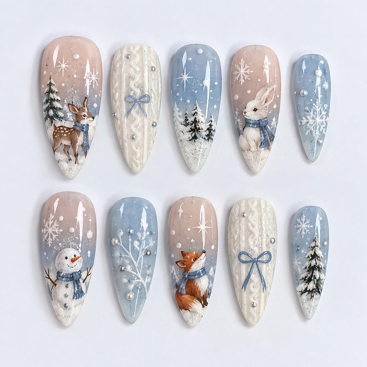 Snowy Woodland Animal Press On Nails With Cable-Knit Textures and Blue Bows