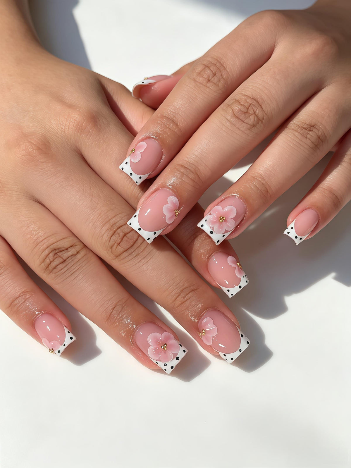 Soft Pink 3D Flower Nails With Polka Dot French Tips