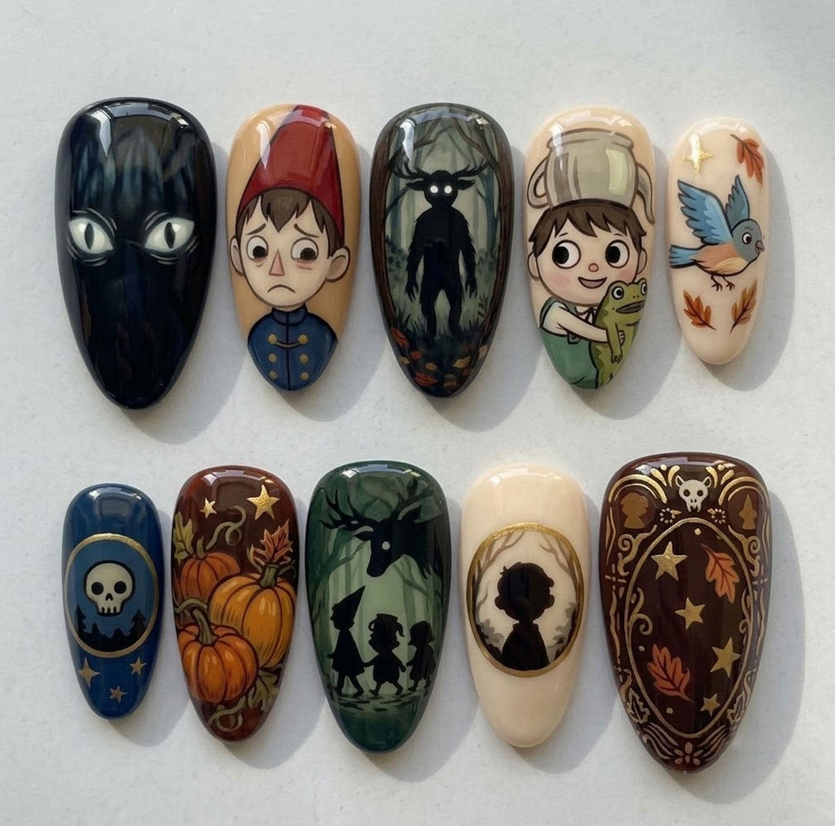 Spooky Autumn Storybook Forest Nail Set with Pumpkins and Gold Details