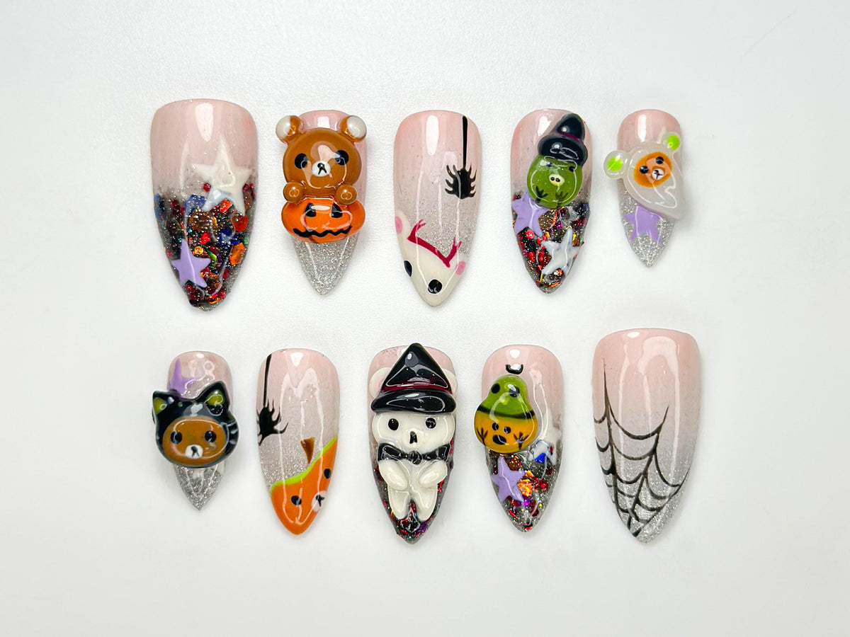 Spooky Kawaii Halloween Nails With 3D Bears, Witch, Ghost, Pumpkin and Glitter Webs