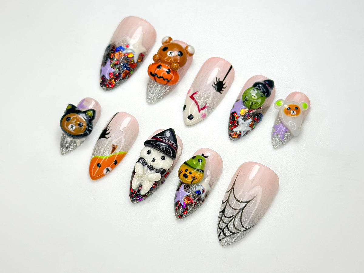 Spooky Kawaii Halloween Nails With 3D Bears, Witch, Ghost, Pumpkin and Glitter Webs